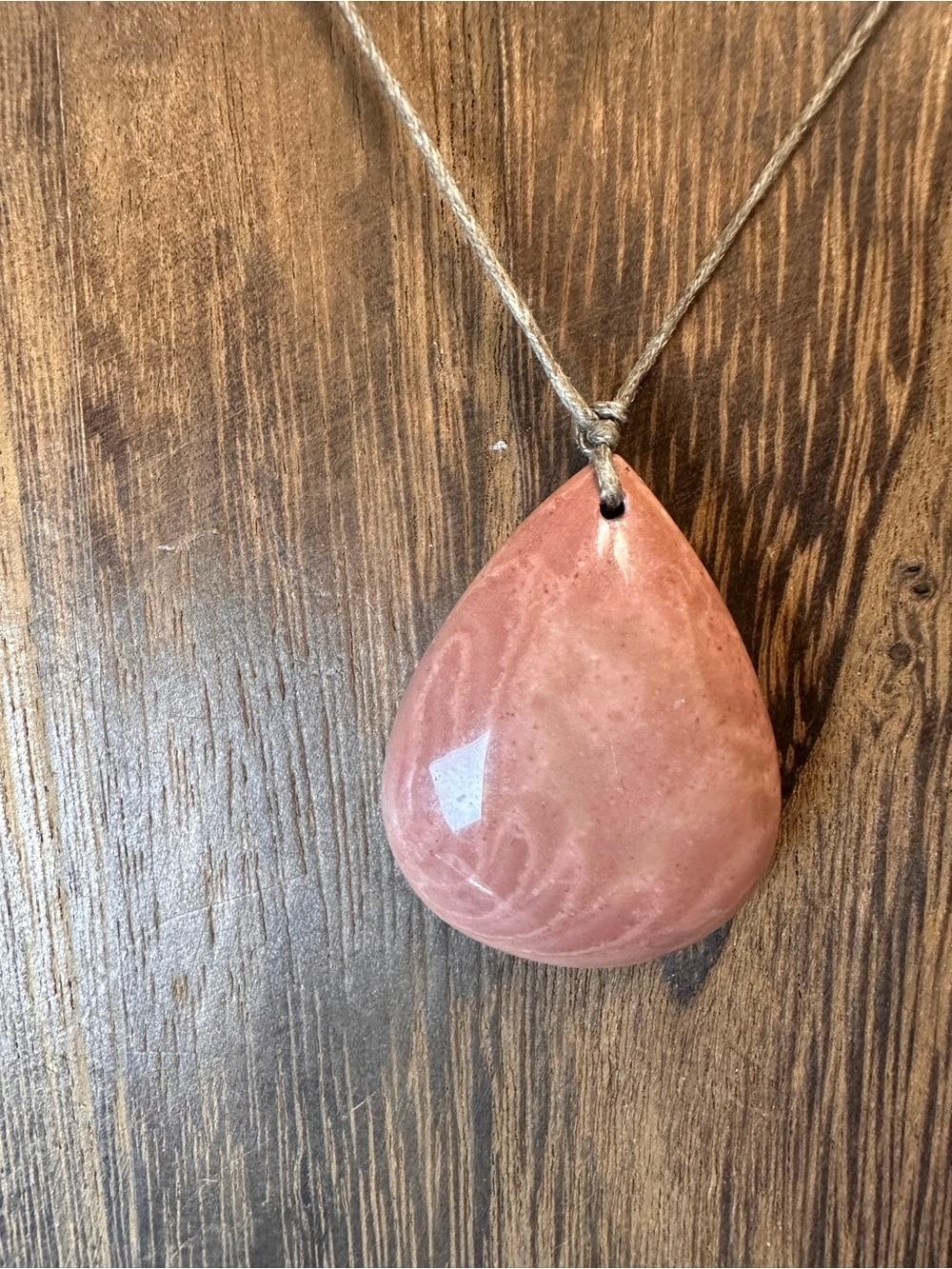 Minimalist Polychrome Jasper Teardrop Pendant Necklace on Thin Brown Rope - Picture 13 of 16